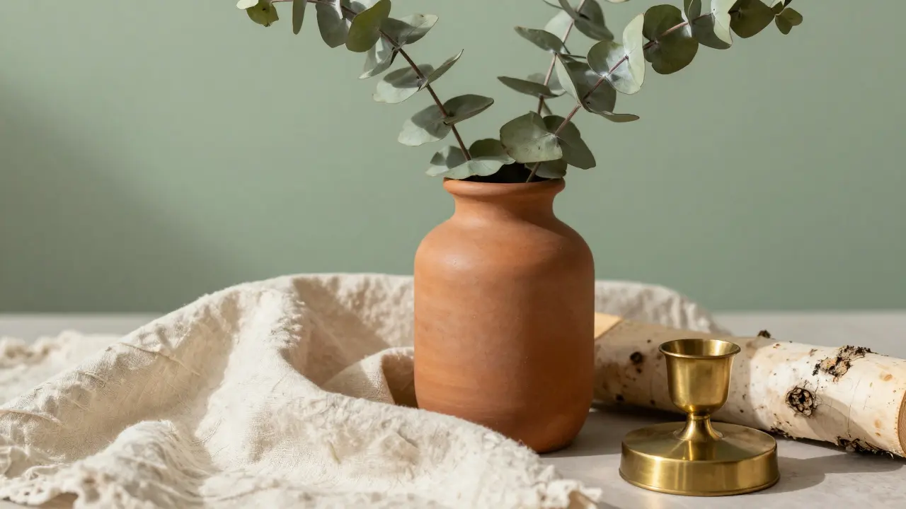 Composition de textures : lin, terre cuite et laiton sur fond vert