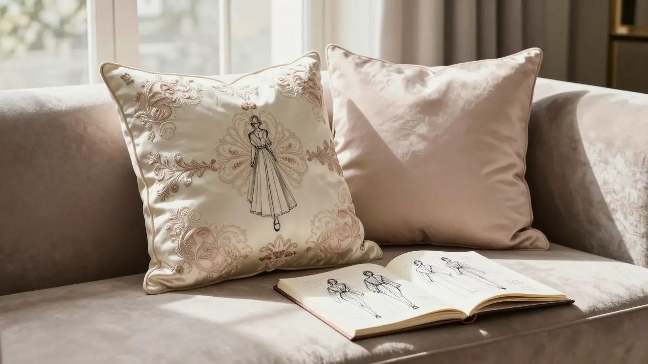 Coussin brodé de luxe illustrant la fusion mode et décoration intérieure