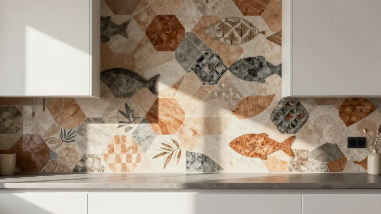 Crédence de cuisine moderne avec des carreaux en écailles et hexagons créant un effet 3D.