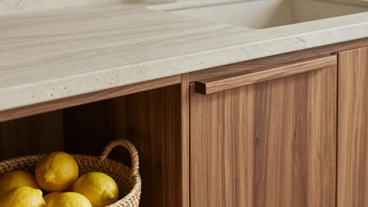 Détail cuisine moderne en pierre mate et bois huilé avec panier tressé naturel