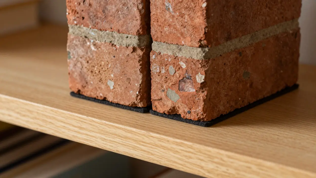 Détail d'un serre-livre en brique avec pastilles de protection sur bois massif