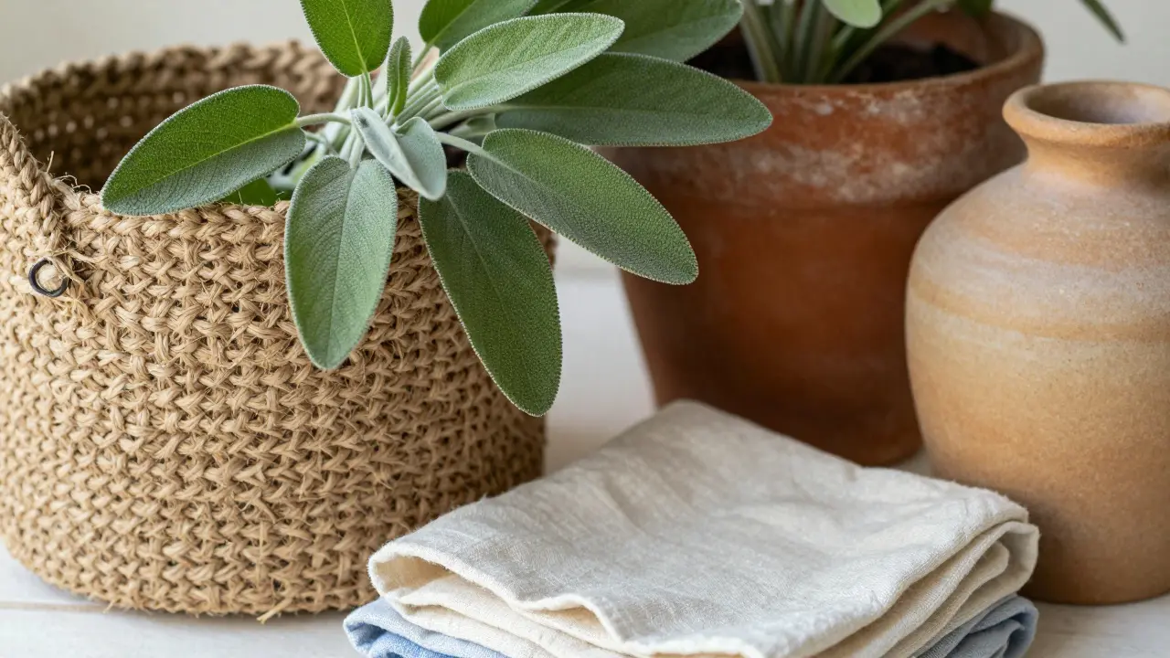 Détail de textures estivales : panier en jute, pot en terre cuite et plantes vertes