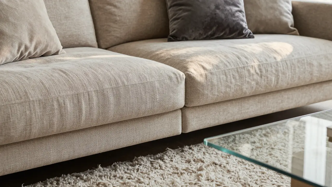 Détail des textures : canapé en lin, tapis laine et coussins velours neutres