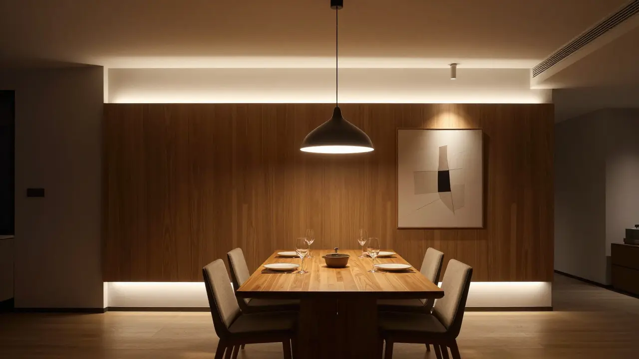 Dîner éclairé par une combinaison de lumière indirecte et spots directs