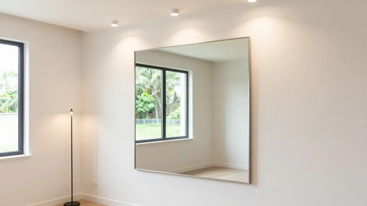 Grand miroir face à la fenêtre reflétant la lumière dans un petit salon moderne