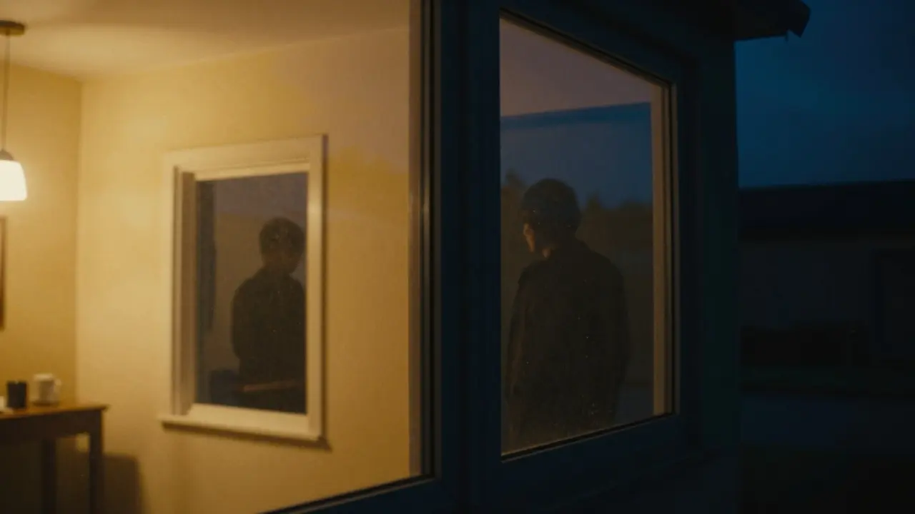 Illustration du contraste lumineux : l'intérieur éclairé devient un miroir la nuit tandis que l'extérieur voit dedans.