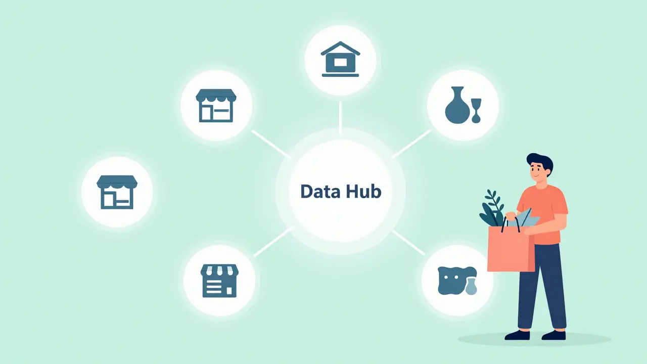 Illustration of data connecting online stores to a shopper