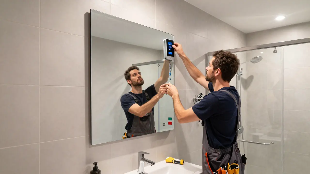 Installation professionnelle d'un miroir connecté dans une salle de bain contemporaine