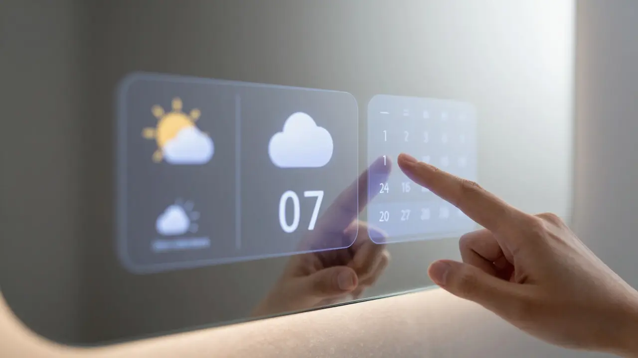 Interface numérique subtile affichant météo et heure sur un miroir connecté