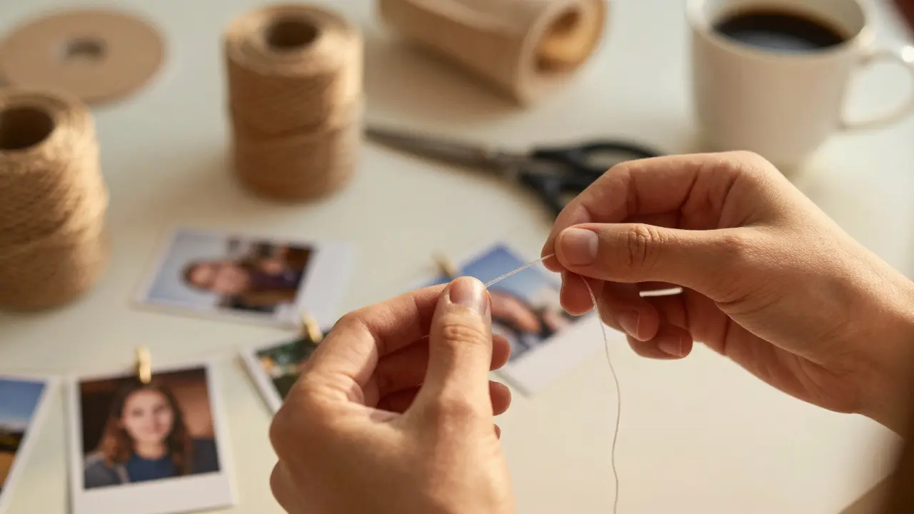Mains créant une guirlande de photos artisanales sur un fil transparent pour une décoration DIY.