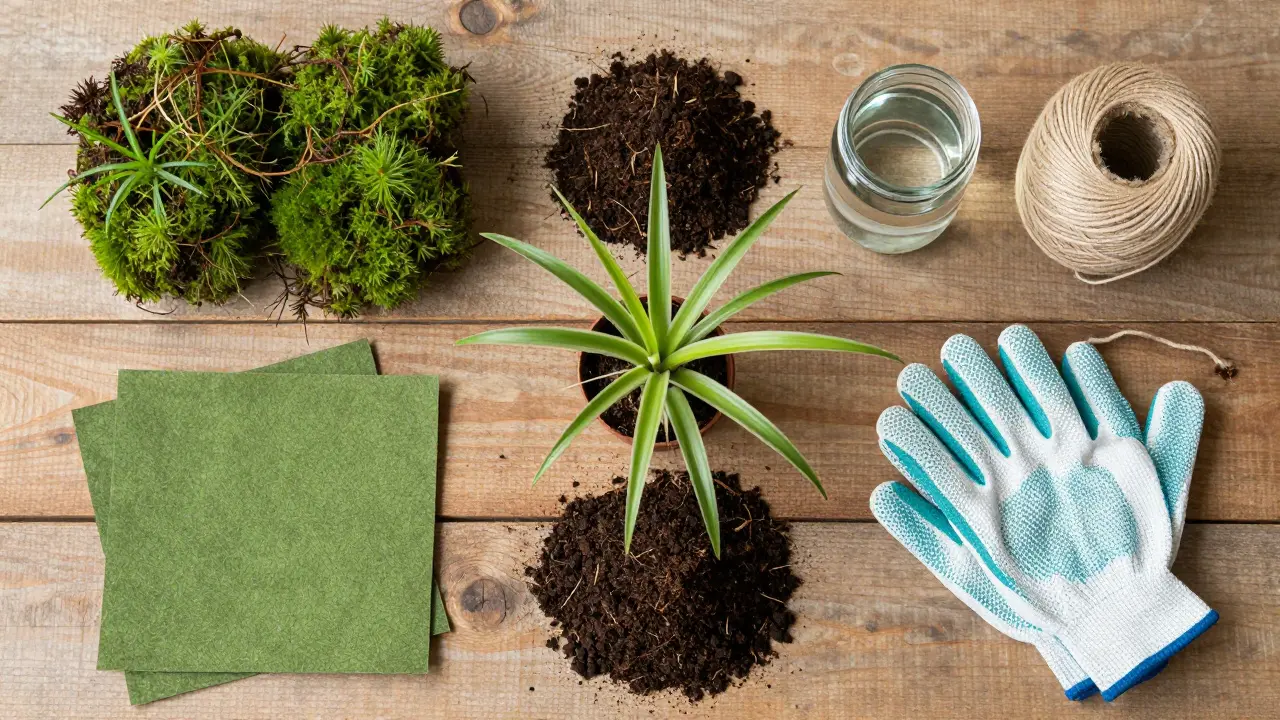 Matériaux pour kokedama : terre, mousse, ficelle et plante sur une table en bois