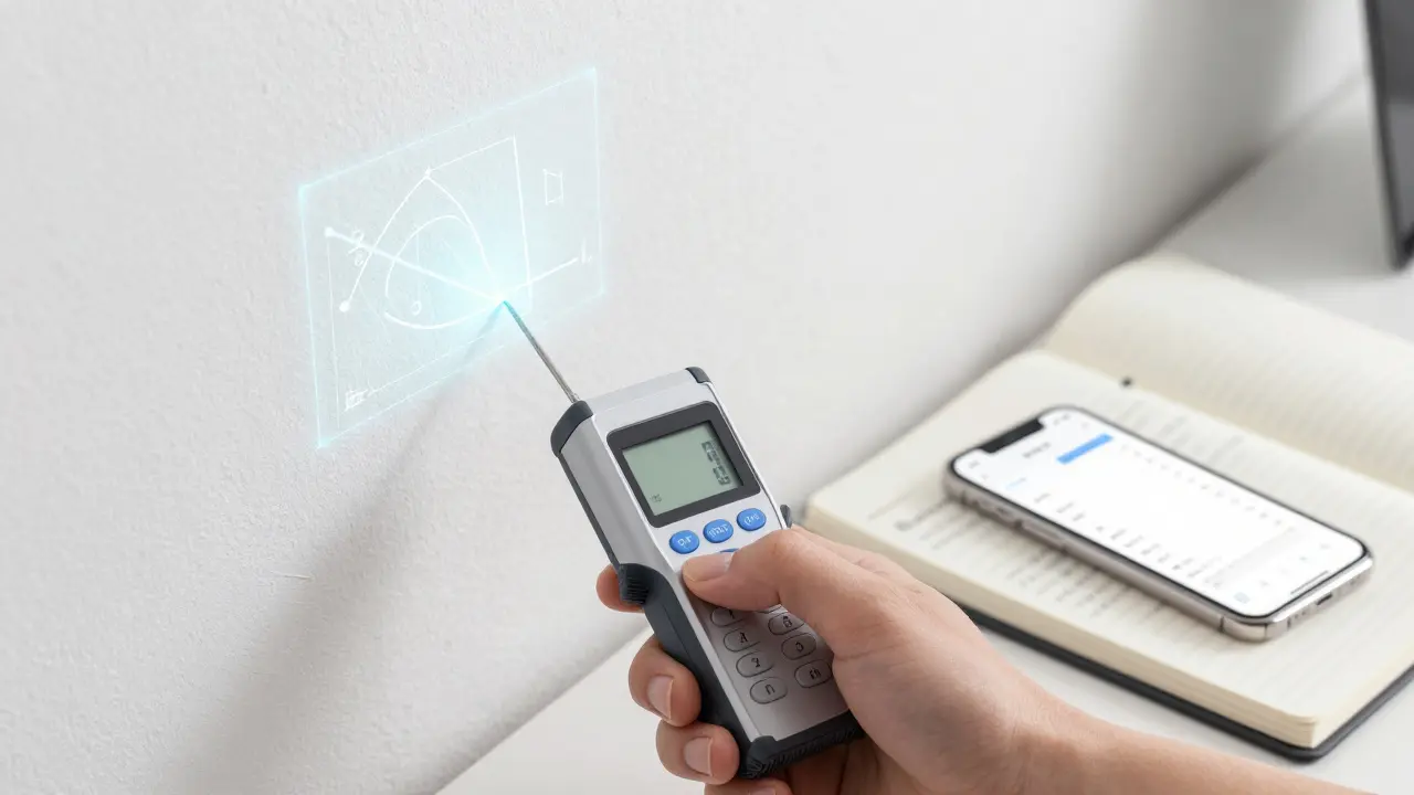 Mesureur laser et outils numériques pour calculer la surface d'une pièce.