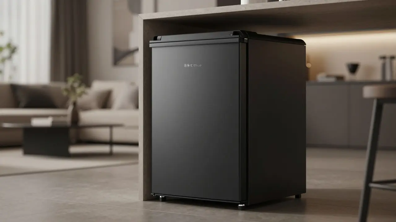 Mini-réfrigérateur noir mat discret sous plan de travail dans un salon ouvert