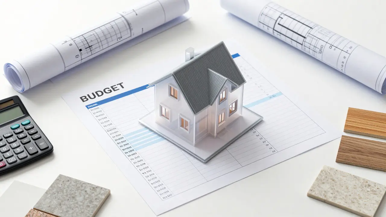 Modèle de maison et documents budgétaires sur un bureau organisé