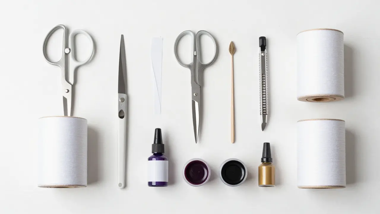 Outils de découpage disposés sur une table : ciseaux, papier et vernis