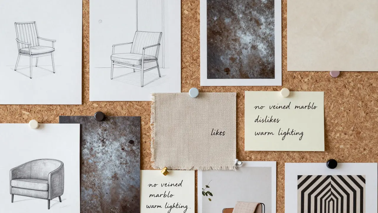 Planche d'inspiration avec échantillons de tissus et styles décoratifs variés