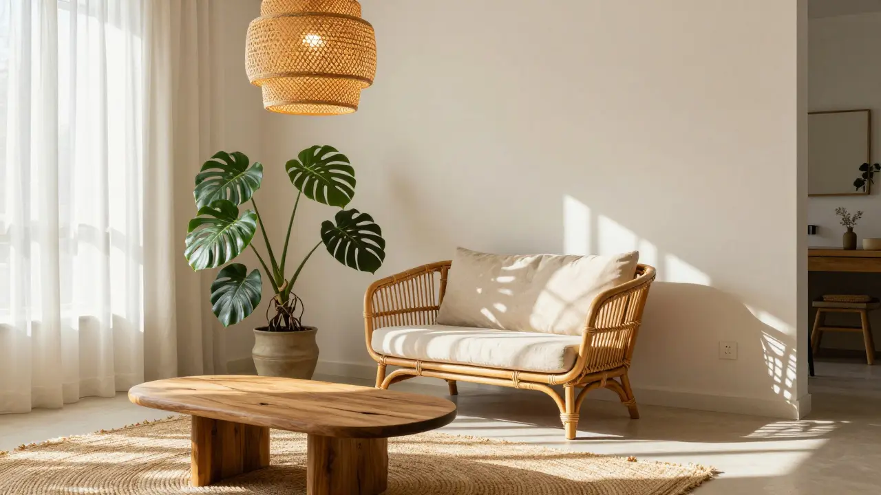 Salon bohème lumineux avec fauteuil en rotin, plante verte et suspension tressée dorée.