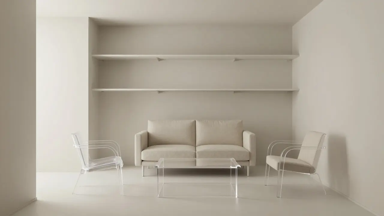 Salon compact avec table basse transparente et étagères verticales jusqu'au plafond