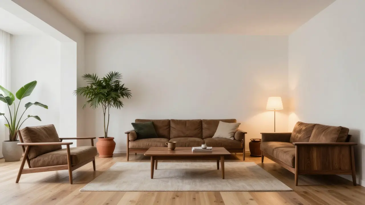Salon style Japandi avec bois sombre, plantes vertes et éclairage tamisé