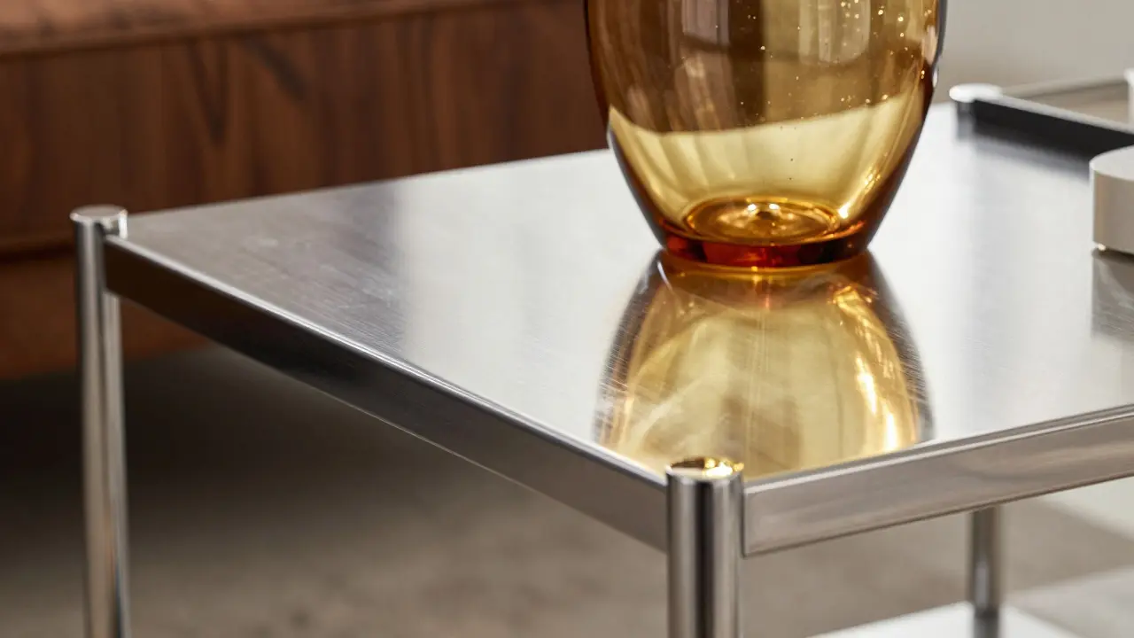 Table basse en chrome brillant et vase en verre ambré sur fond de bois foncé