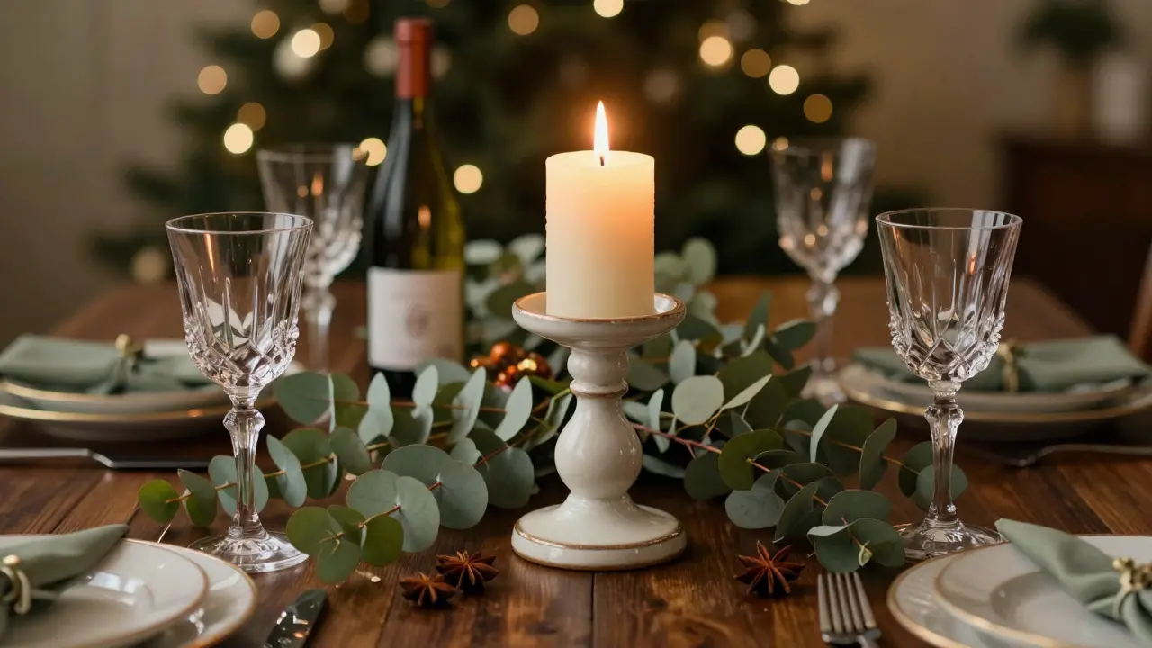 Table de dîner élégante avec bougie, eucalyptus et vin pour une ambiance festive
