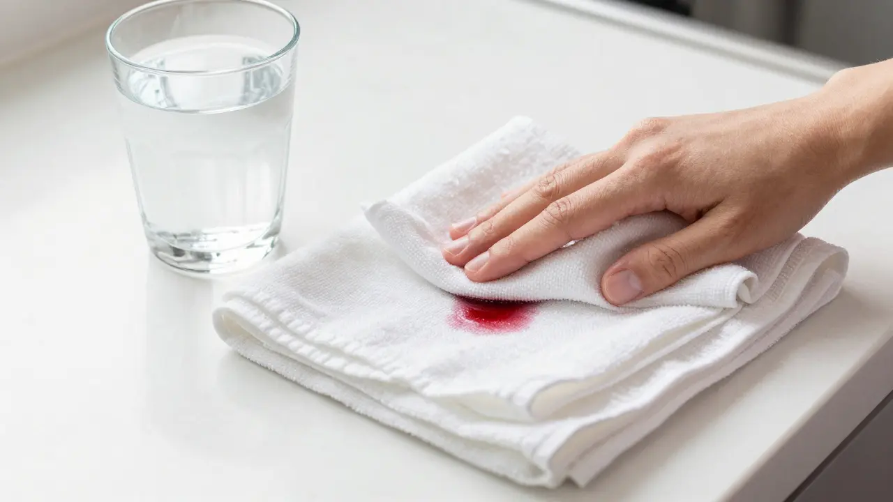 Tamponnage délicat d'une tache sur un tissu blanc avec un chiffon propre