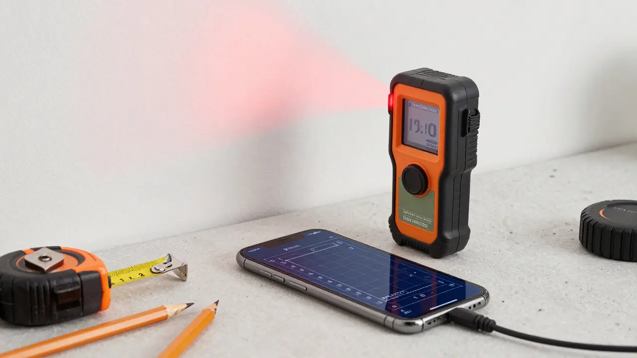 Télémètre laser connecté à un smartphone affichant un plan précis