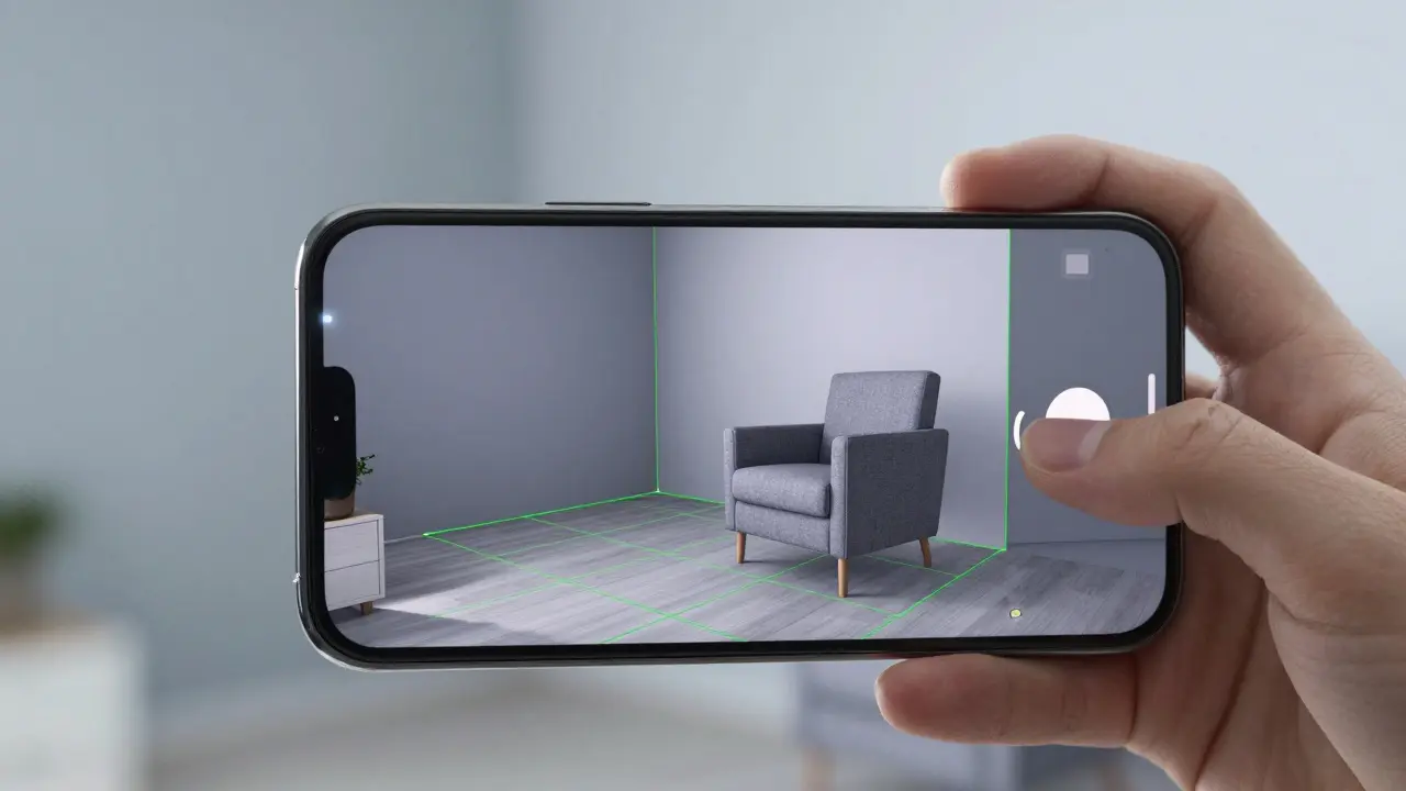 Une main tient un smartphone scannant une pièce en réalité augmentée pour visualiser un meuble.