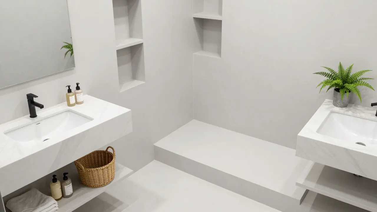 Vue aérienne d'une salle de bain épurée avec rangements nichés et plantes pour un effet spa