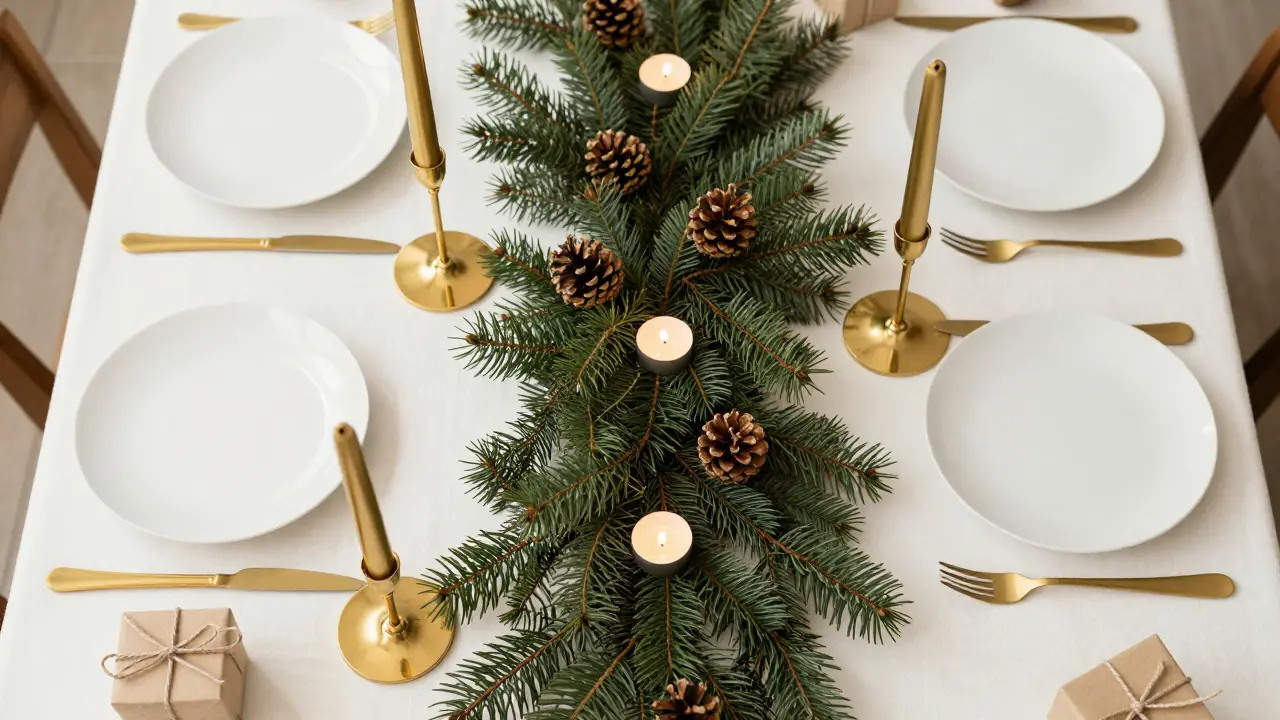 Vue de dessus d'une décoration de table minimaliste avec bougies et pins
