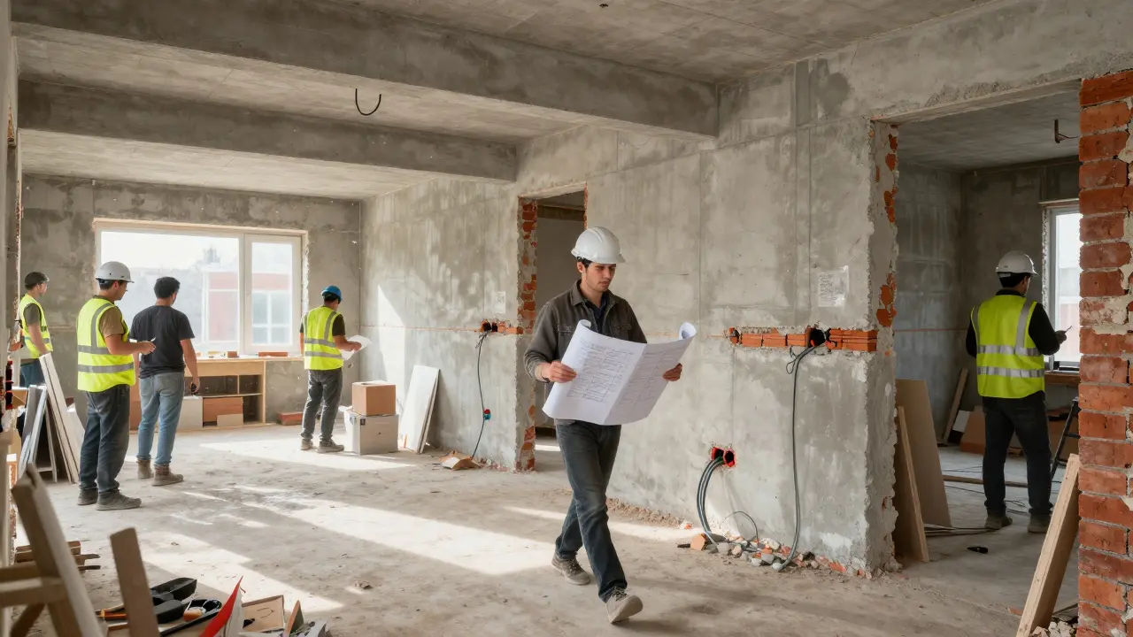 Architecte sur un chantier de rénovation structurelle avec artisans