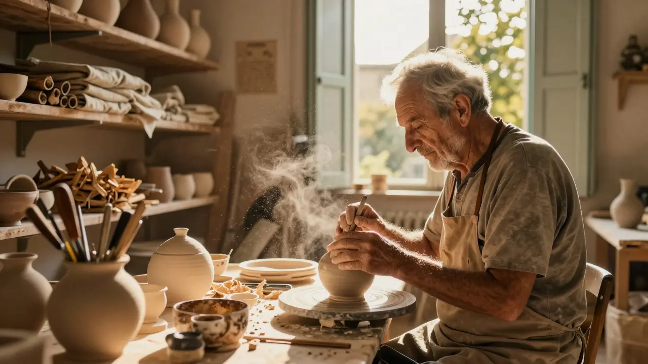 Artisan français travaillant la céramique dans un atelier ensoleillé