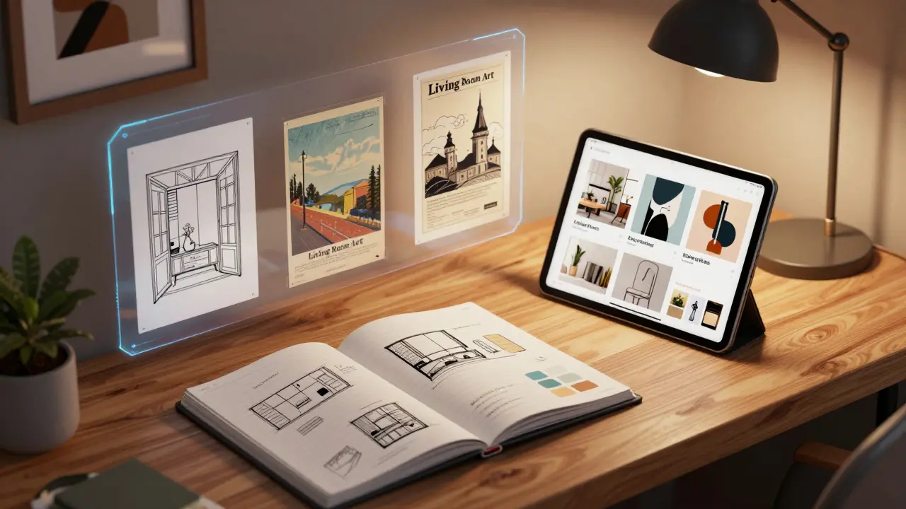 Bureau avec croquis de décoration et tablette affichant des collections d'art graphisme sauvegardées.