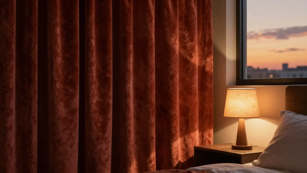Chambre apaisante au crépuscule avec rideaux épais et éclairage tamisé