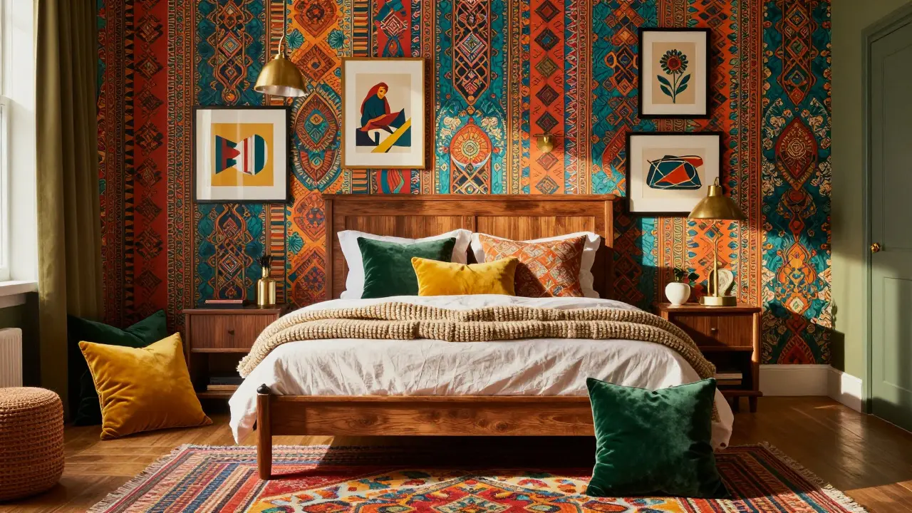 Chambre bohème colorée avec papier peint audacieux et textiles superposés