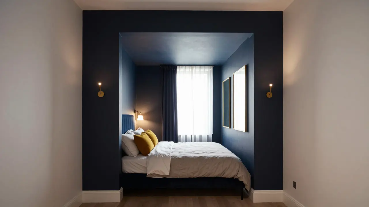 Chambre cocooning avec deux murs bleu nuit, éclairage multiple et miroirs dorés pour refléter la lumière.