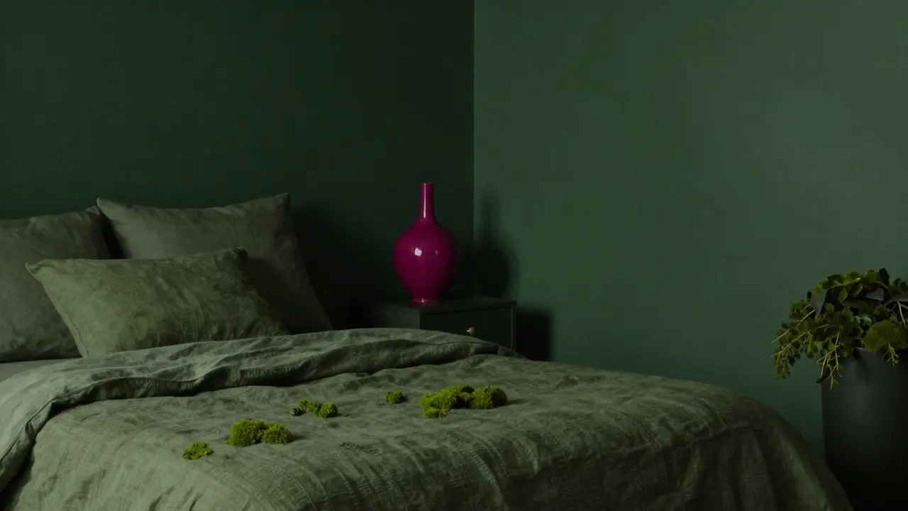 Chambre verte avec une touche d'accent fuchsia