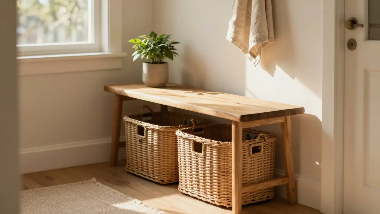 Coin entrée chaleureux avec banc en bois et paniers