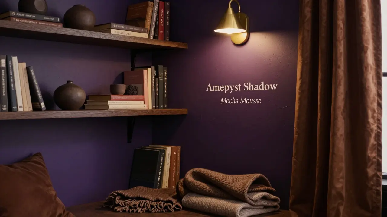 Coin lecture intime aux murs violets profonds et tons chocolat chauds