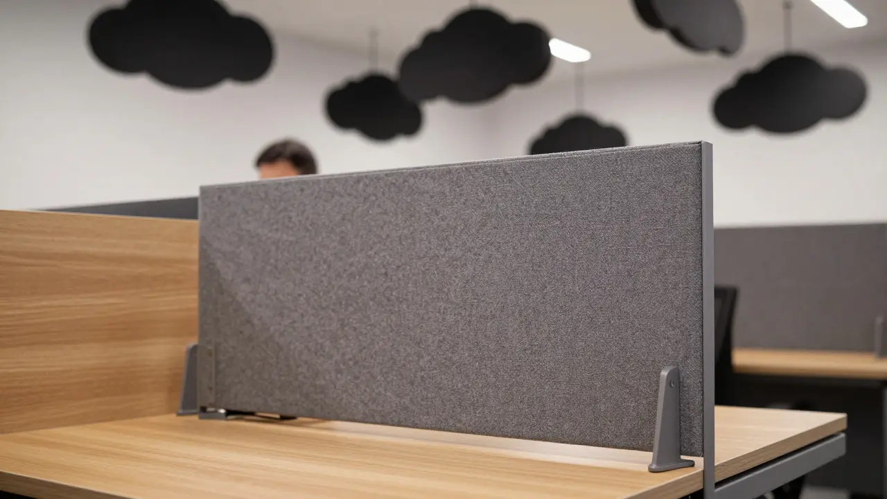 Détail de panneaux acoustiques suspendus et écrans mobiles pour réduire le bruit dans un bureau.