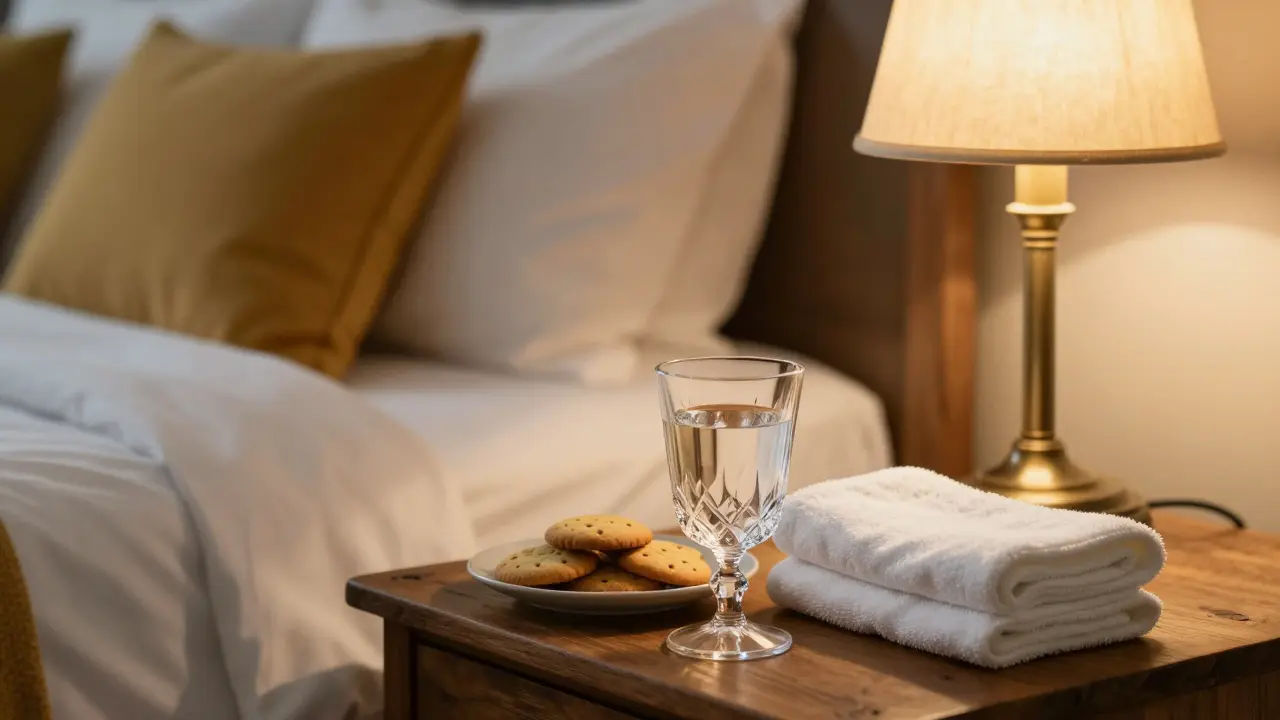 Détails de confort sur une table de chevet : eau, biscuits et lampe
