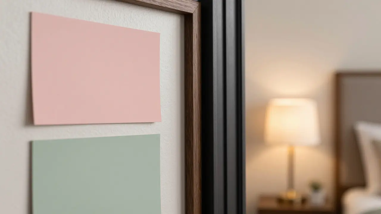 Échantillons de peinture pastel et boiseries sombres dans une chambre intime