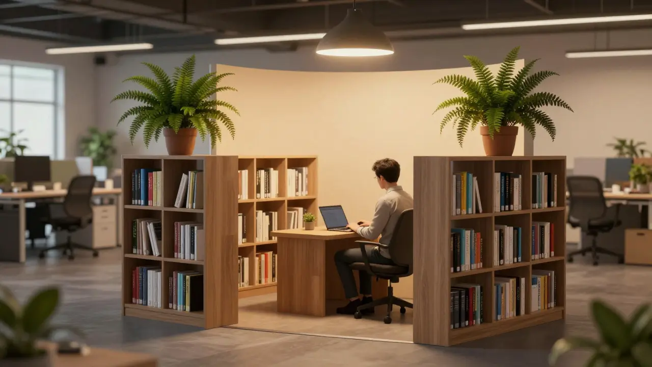 Employé concentré dans une zone calme délimitée par des plantes et des étagères basses.