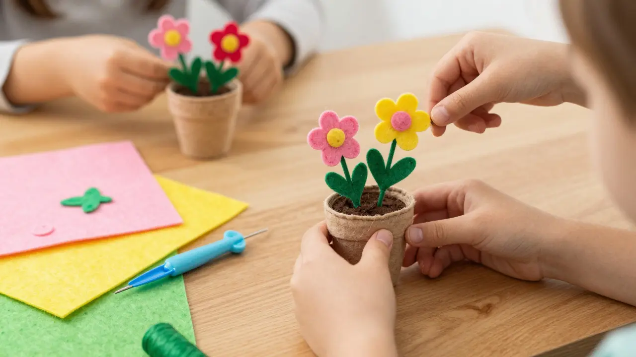 Enfants créant des pots de fleurs en feutrine artisanaux