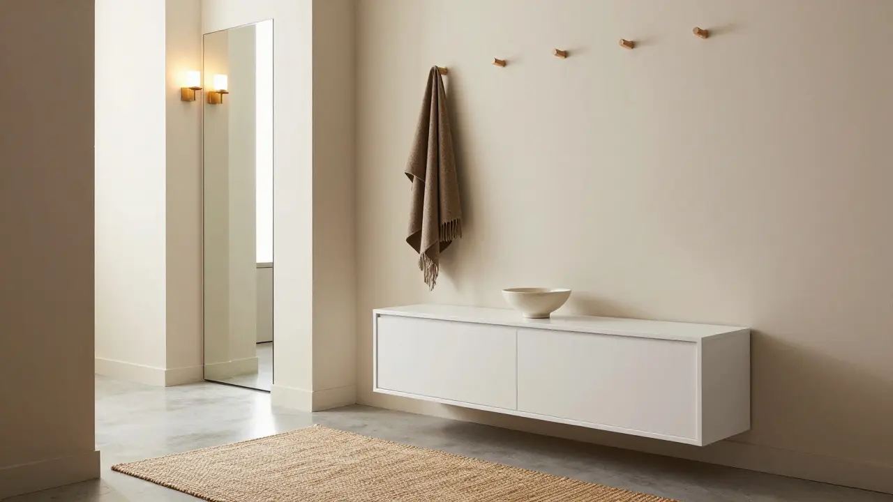 Entrée moderne organisée avec miroir et rangement mural