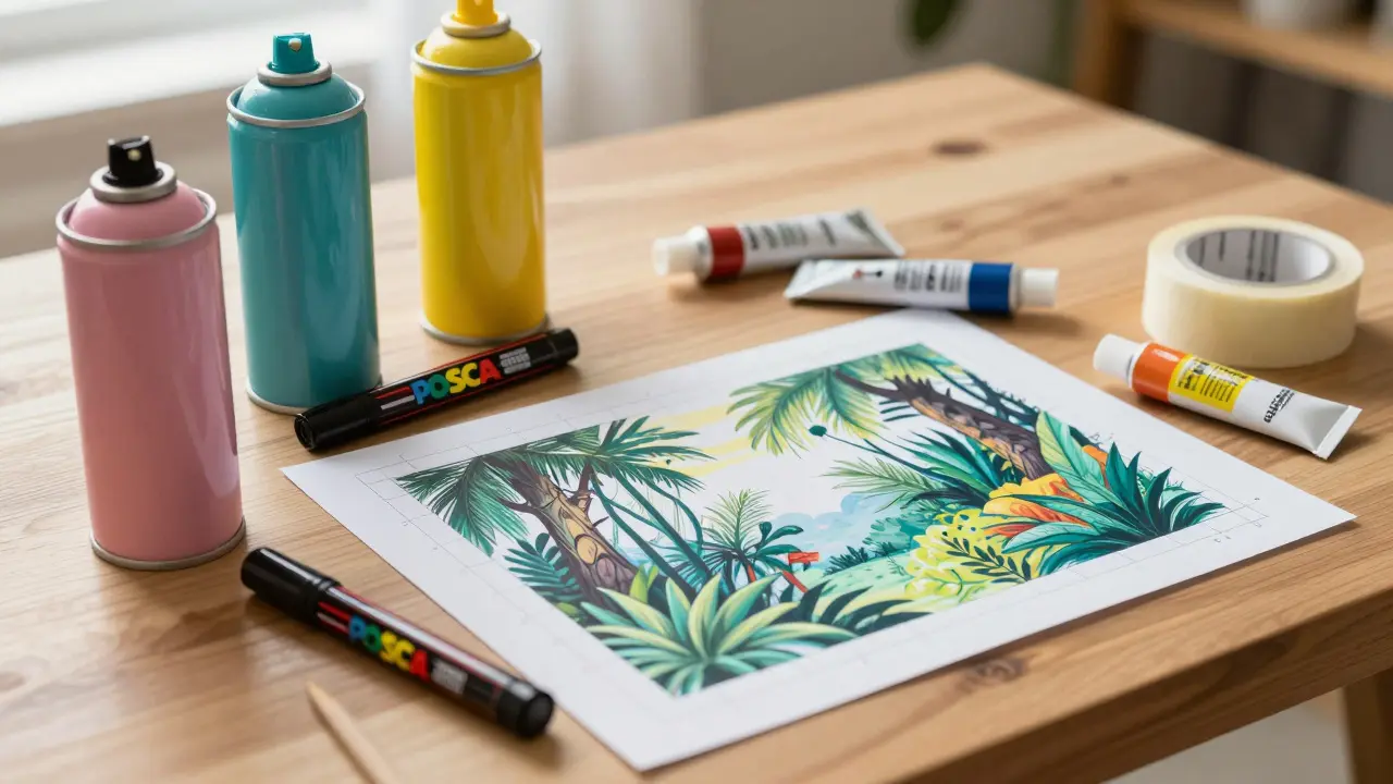 Fournitures de peinture et croquis sur une table en bois lumineux