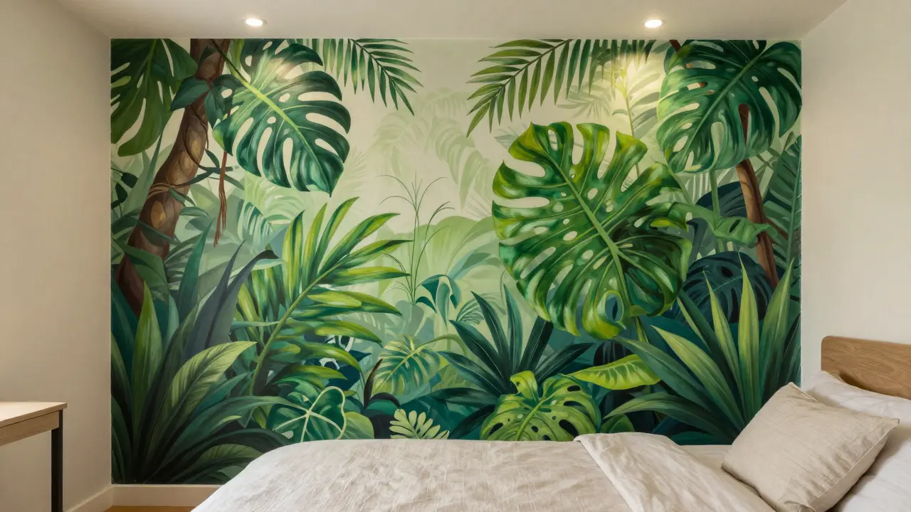 Fresque murale tropicale acheillée dans une chambre cosy éclairée
