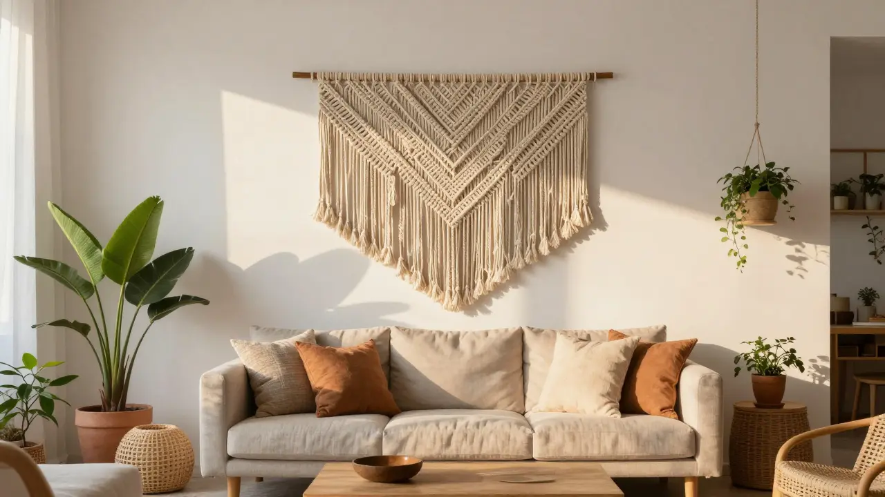 Grand panneau macramé suspendu au-dessus d'un canapé dans un salon bohème lumineux