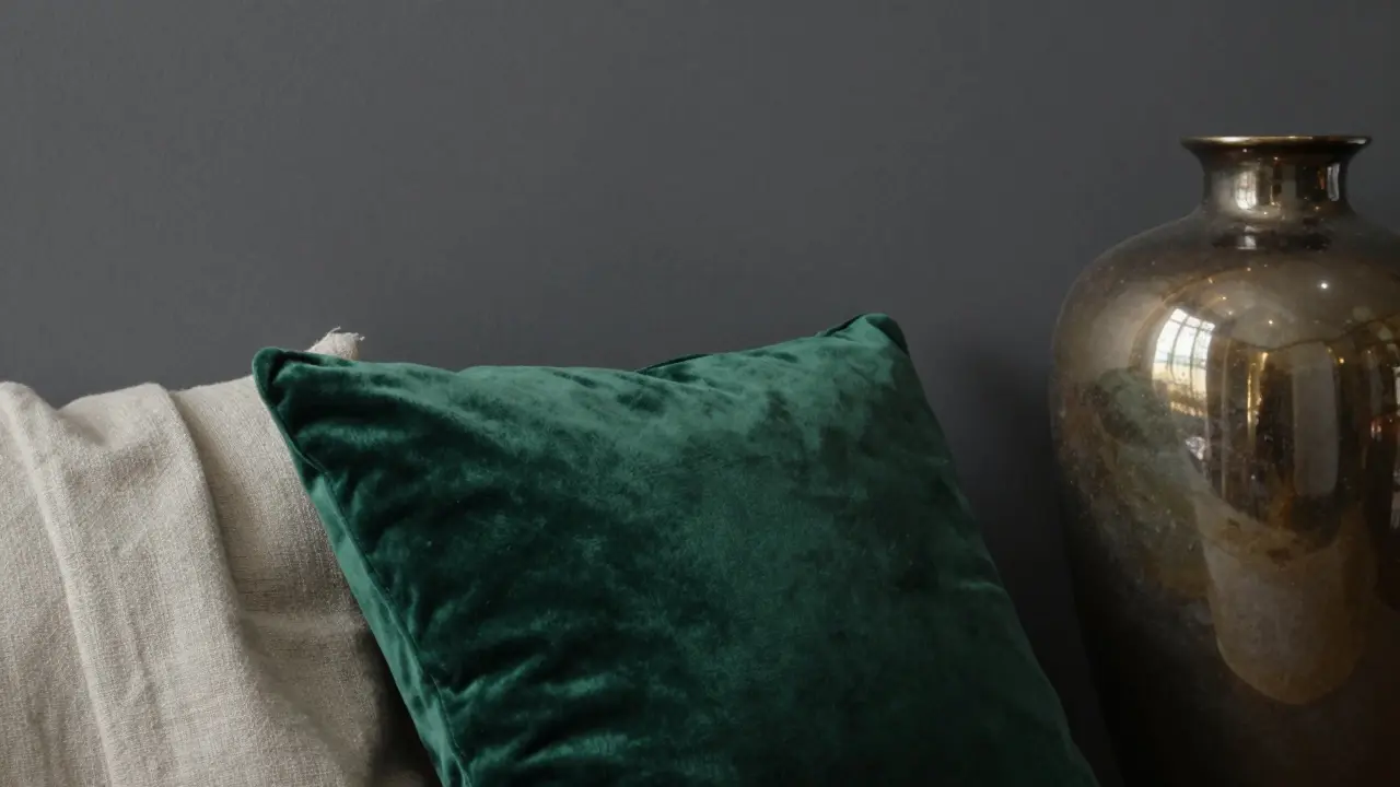 Gros plan sur des textures variées : velours vert, lin brut et céramique brillante sur fond gris foncé.