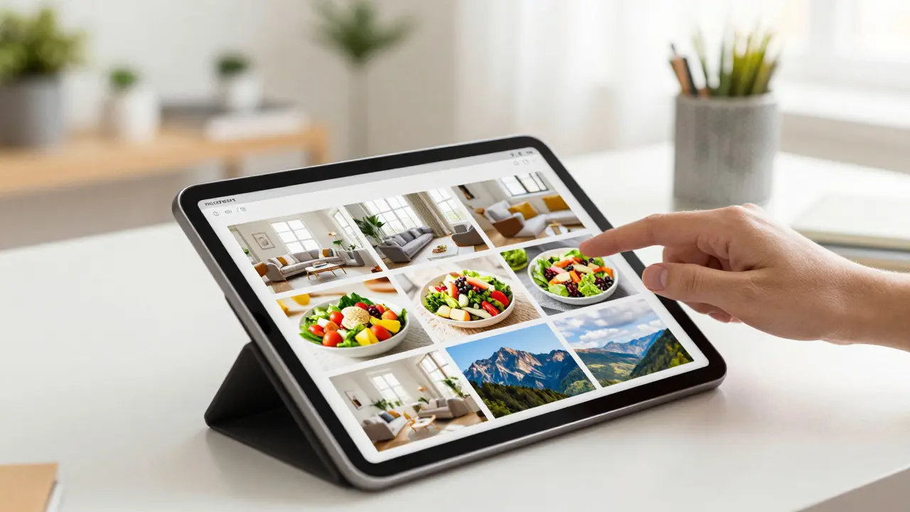 Main organisant des images inspirantes sur une tablette dans un bureau lumineux.